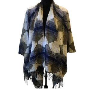 BP Women’s Blue Aztec Tribal Wrap Poncho Shawl Blanket Scarf Top OS NEW